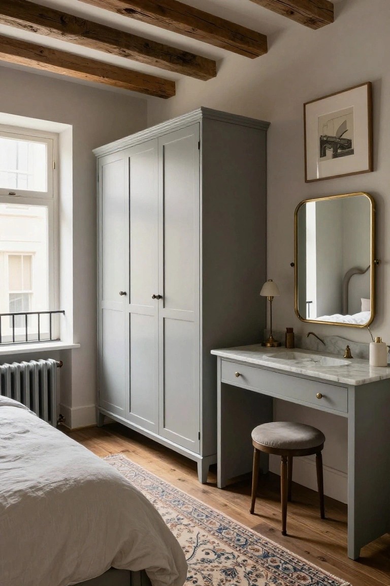 Bedroom interior with tall gray wardrobe doors, gray vanity desk with white marble sink and gold mirror, exposed wooden ceiling beams, white bed with linens, and radiator near window.