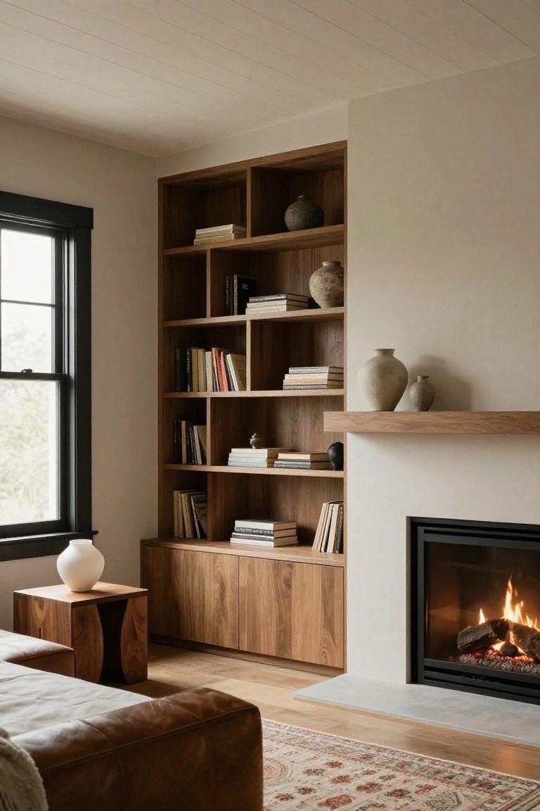 Tall wooden built-in bookshelves with open shelves and lower cabinets surround a modern gas fireplace in a light-colored room with a black-framed window, leather ottoman, and patterned rug.