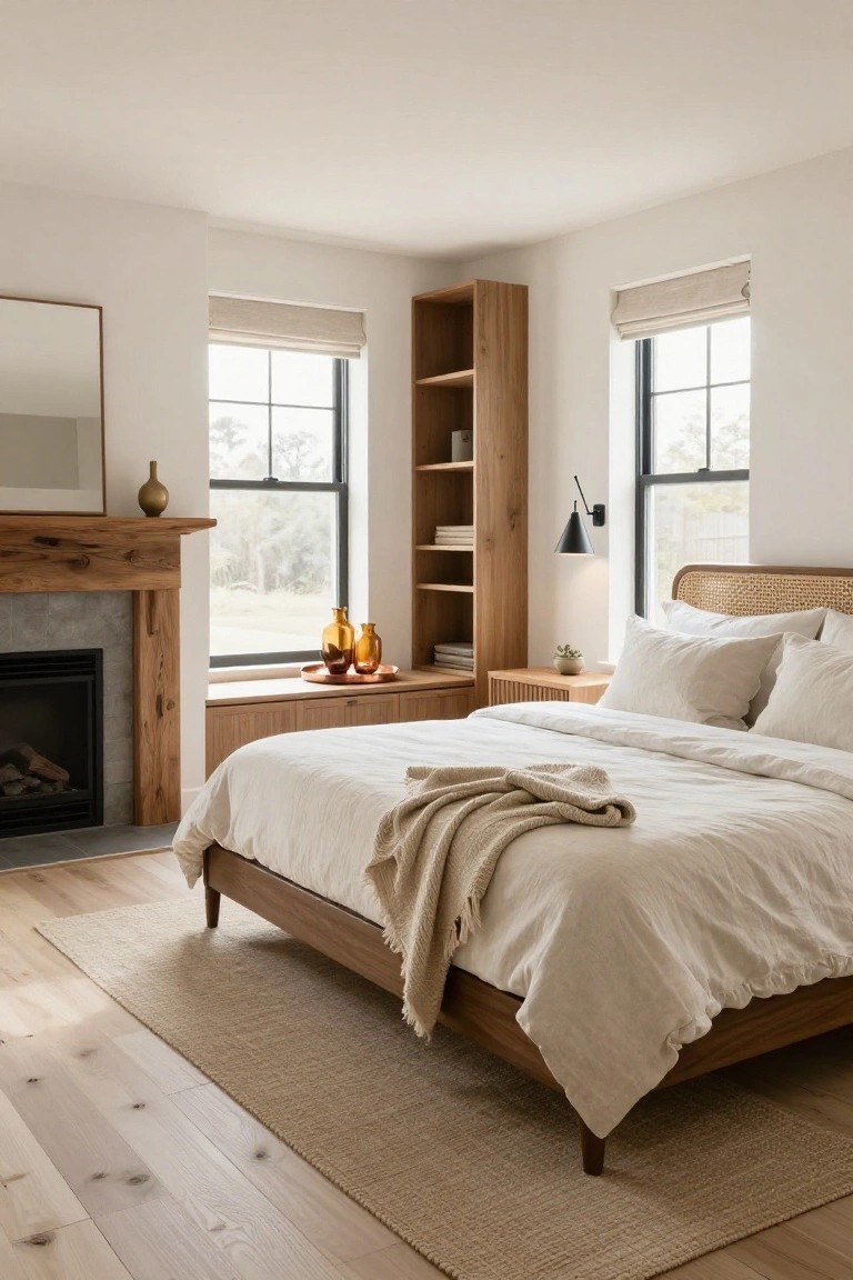 Bedroom with corner wood fireplace flanked by built-in oak shelves, rattan headboard bed with white linens, large windows with linen shades, and beige seagrass rug on light wood floors.