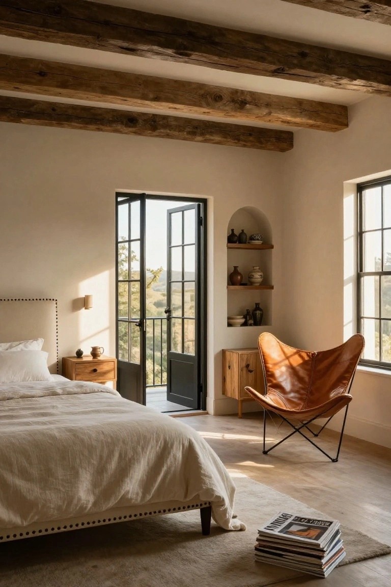 Bedroom interior featuring exposed dark wooden beams on the ceiling, a white upholstered bed with neutral linens, wooden nightstand, orange leather butterfly chair, arched niche shelf with pottery, and open black French doors leading to a balcony with hillside view.