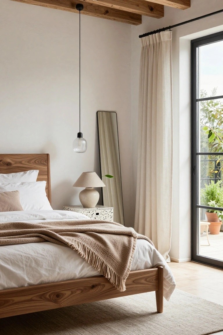 Bedroom interior with low wooden bed frame holding white bedding and beige fringed throw, speckled nightstand with ceramic lamp and vase, full-length mirror, sheer curtains on black metal-framed glass doors to plant-filled balcony, white walls, and exposed wood ceiling beams.