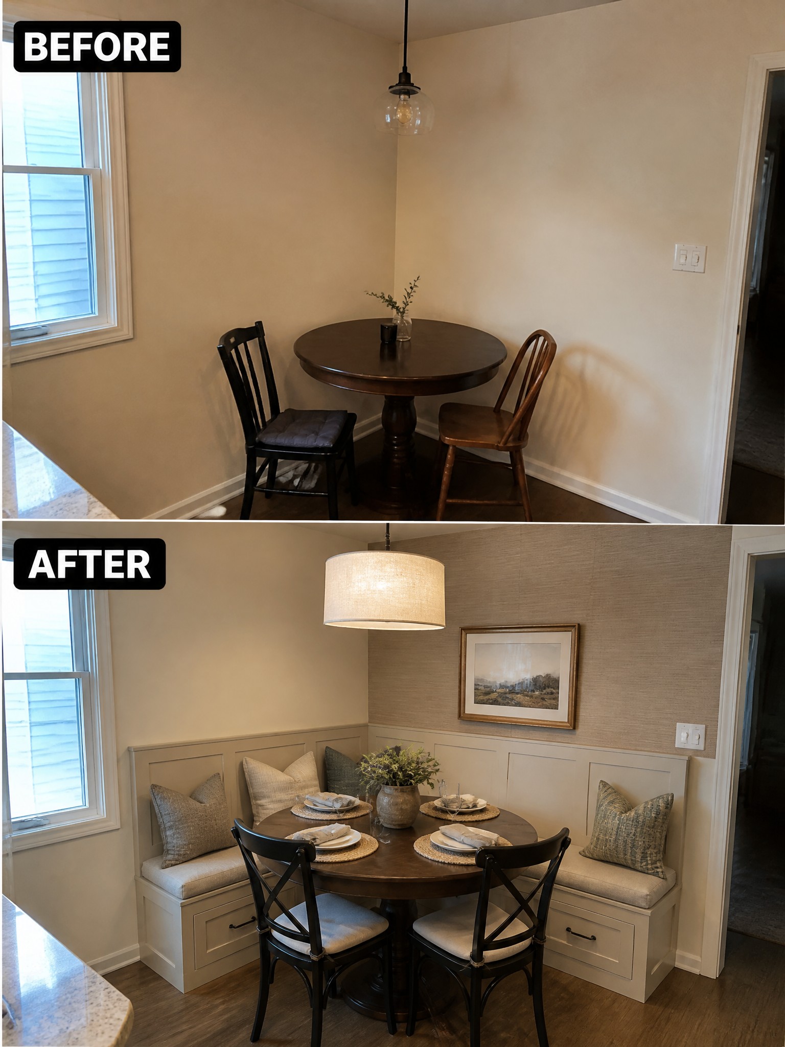 Cozy dining nook renovation with a round table, bench seating, and modern light fixture.