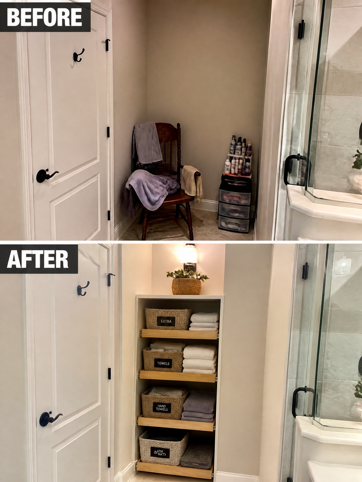 Before-and-after image of a cluttered bathroom corner with a wooden chair and rolling cart changed into an organized built-in cabinet with pull-out shelves and storage baskets.
