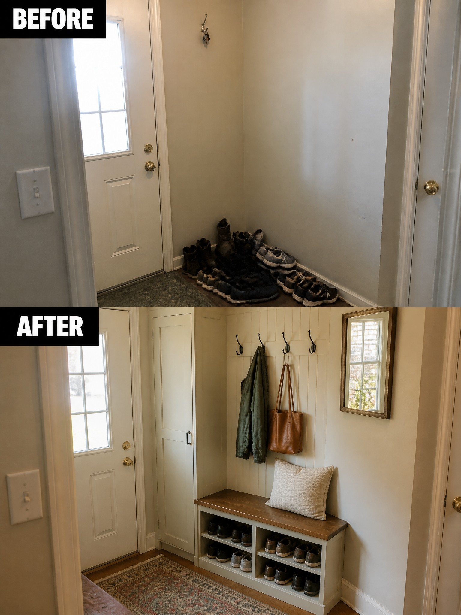 Before-and-after image of a cluttered entryway corner with shoes piled on the floor changed into an organized space with a built-in bench, shoe cubbies, wall hooks, and seating.
