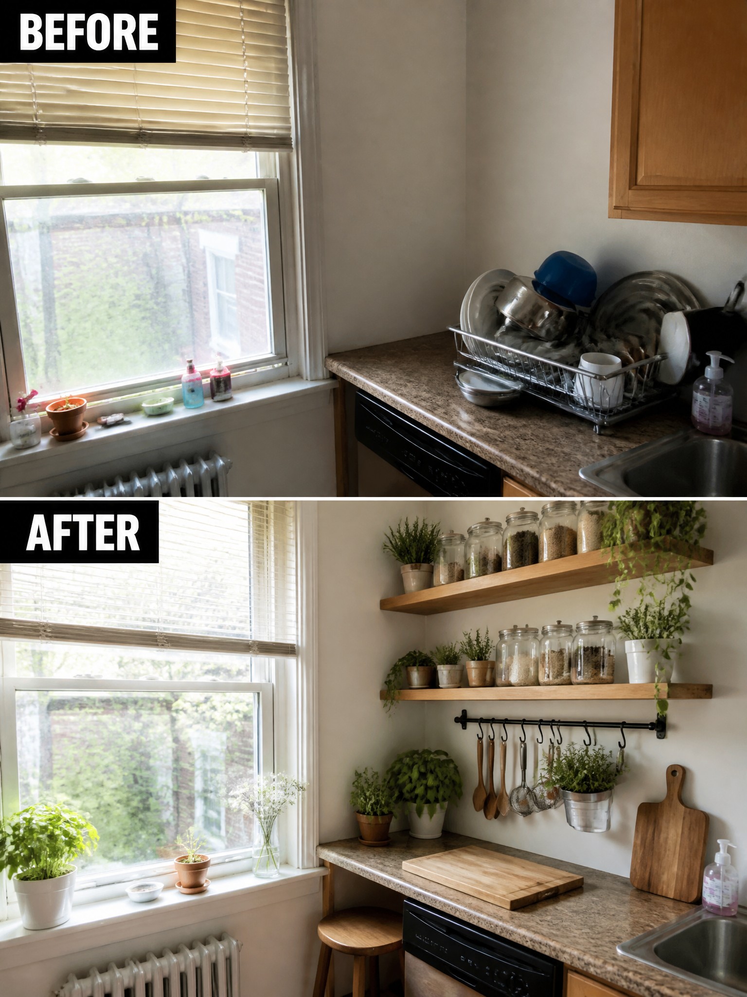 Before-and-after image of a cluttered kitchen corner with dishes on the counter changed into an organized space with open wooden shelves, glass storage jars, hanging hooks, and potted plants.