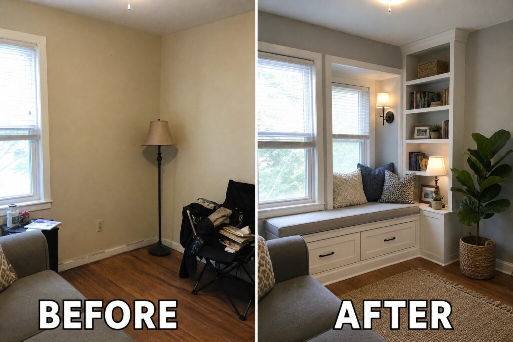 24 Practical Room Before and After Ideas for Small Homes With Extra Corners Before and after living room transformation with built-in shelves, seating, and plants.