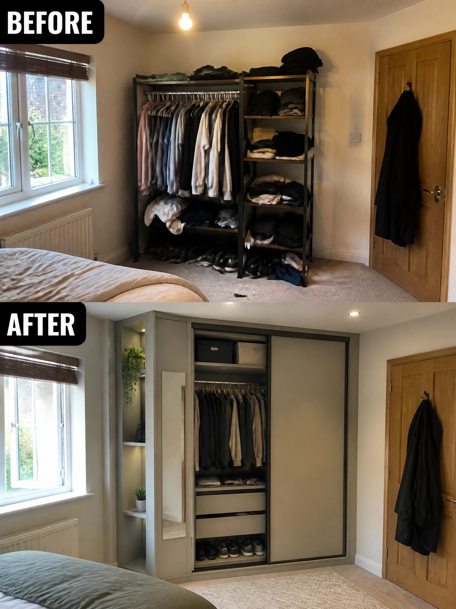 Before and after of a closet makeover, showcasing organized clothes and sleek storage solutions.