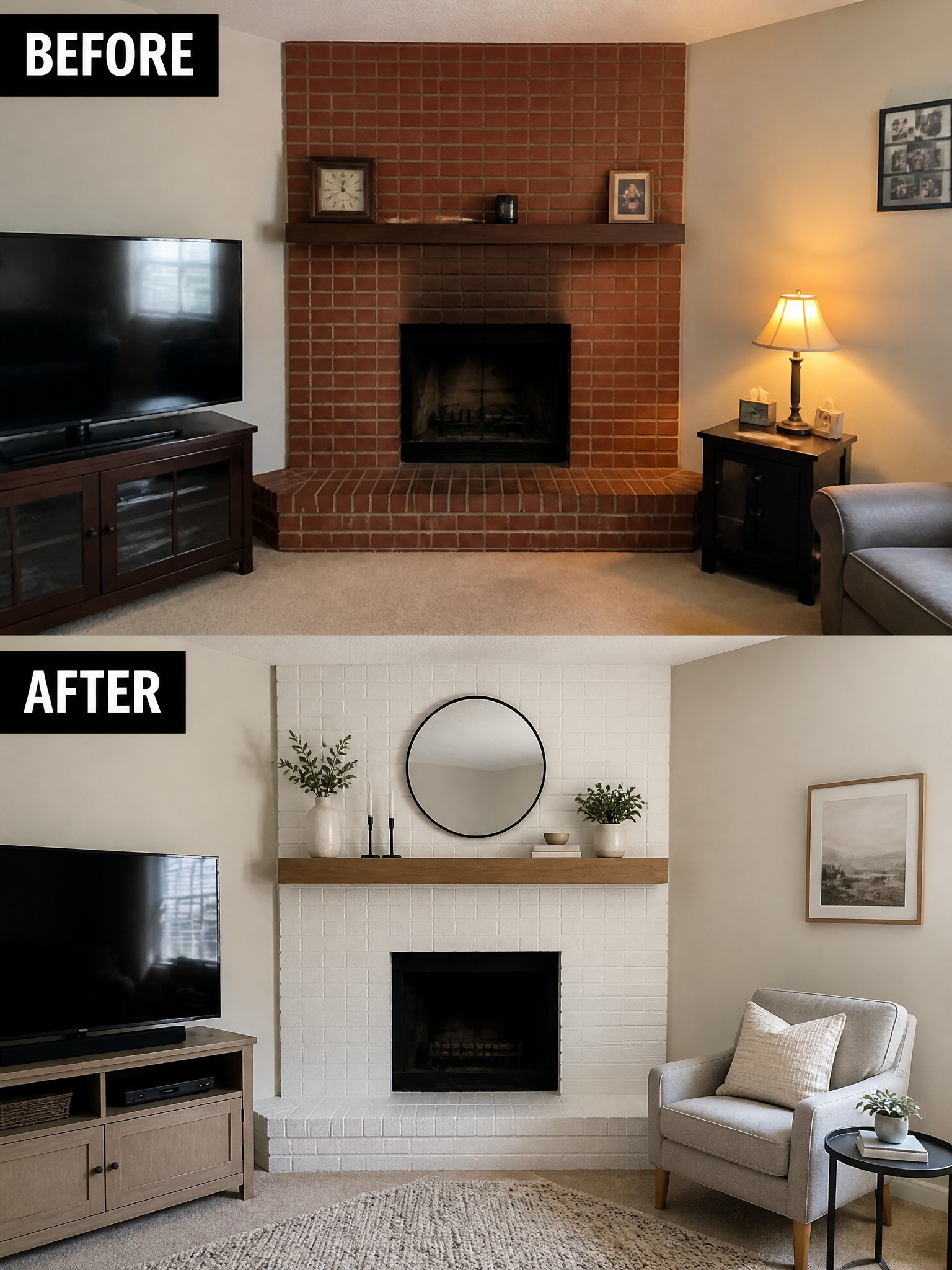Before-and-after living room transformation featuring a red brick fireplace updated to white.