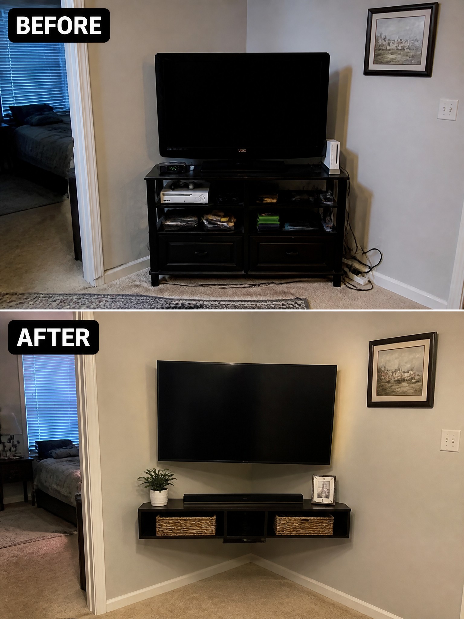 Before-and-after image of a corner TV area changed from a bulky console to a wall-mounted screen above a slim floating shelf.