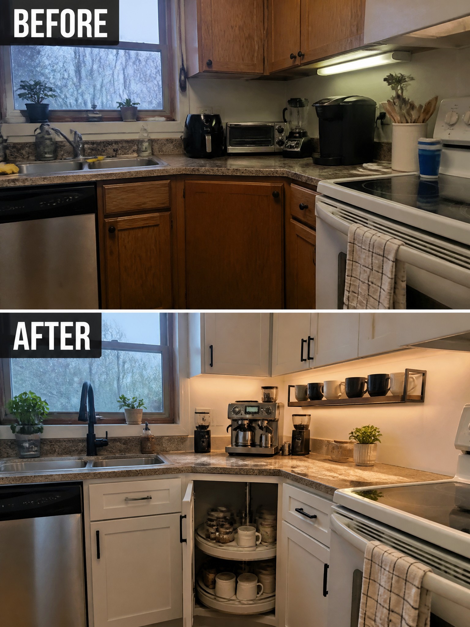 Before and after kitchen transformation showcasing updated cabinets, appliances, and lighting.