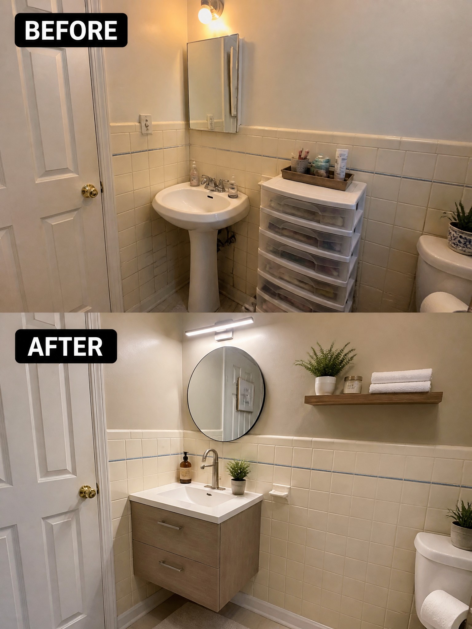 Before-and-after image of a small bathroom with a pedestal sink and plastic storage drawers changed to a floating vanity, round mirror, and wall shelf.