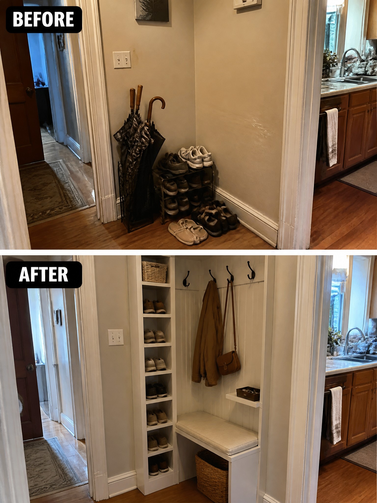 Before: cluttered entryway with shoes and umbrellas. After: organized mudroom with shelves and hooks.