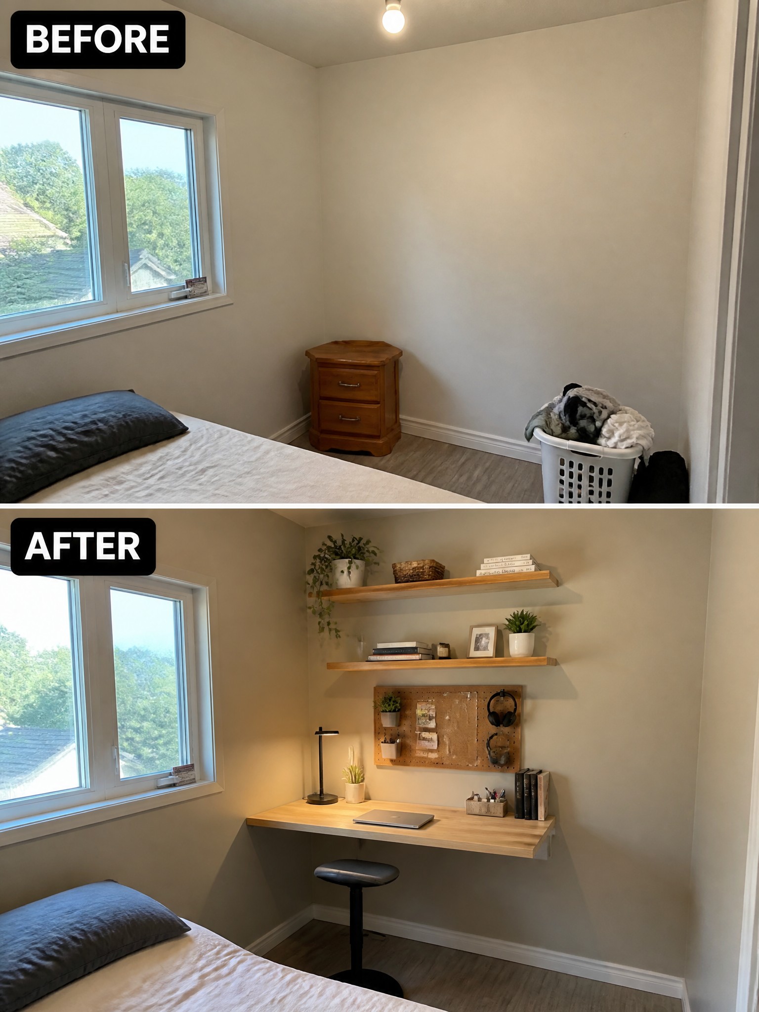 Before-and-after image of a bedroom corner changed from an empty space with a nightstand into a functional workspace with floating shelves, a desk, and a corkboard.
