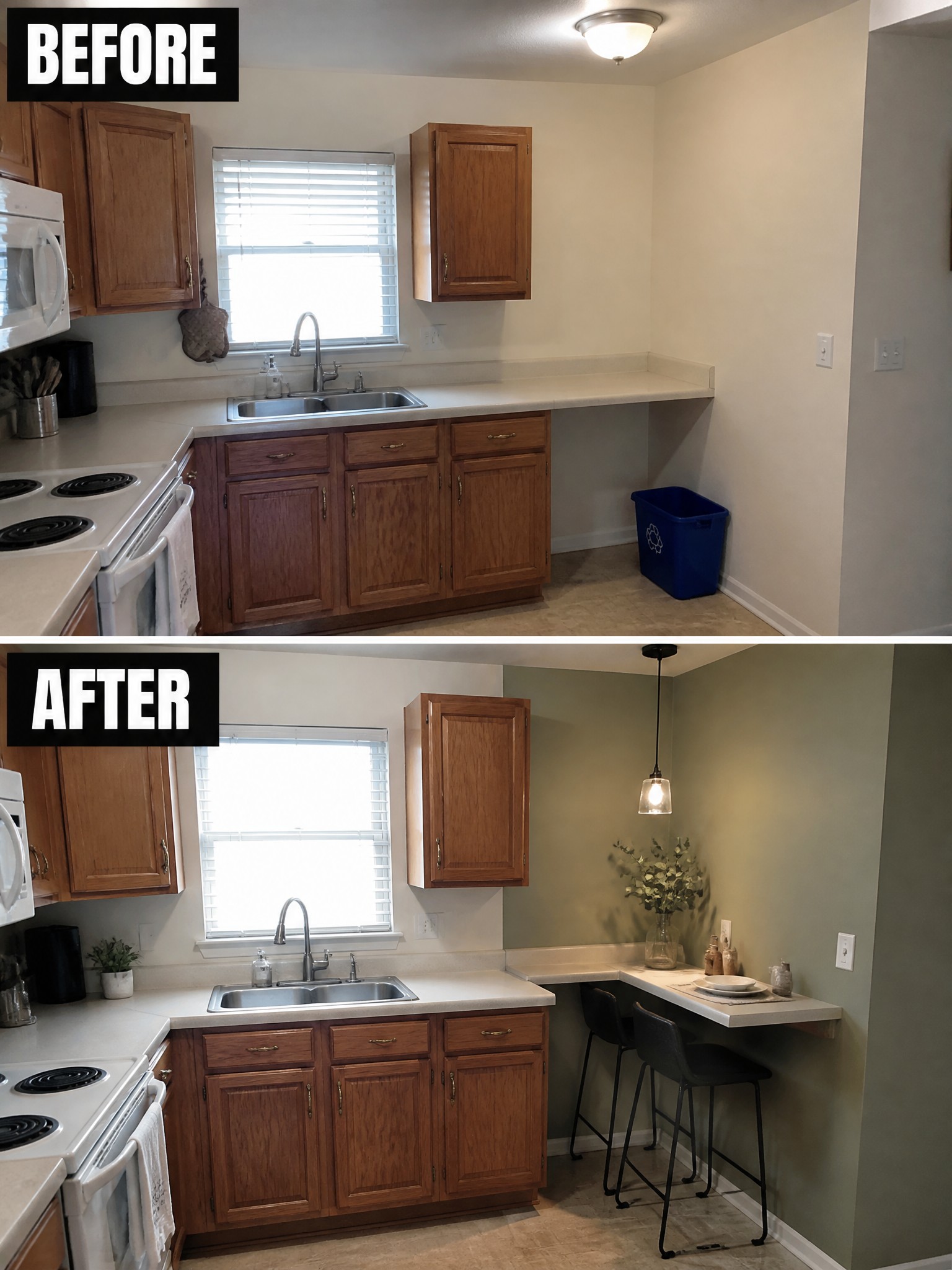 Before-and-after kitchen transformation showcasing a modern color scheme and seating area.