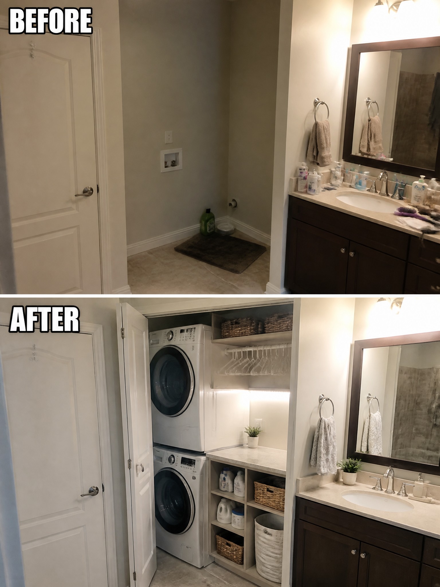 Before and after images showing a laundry nook transformation with washer, dryer, and storage.