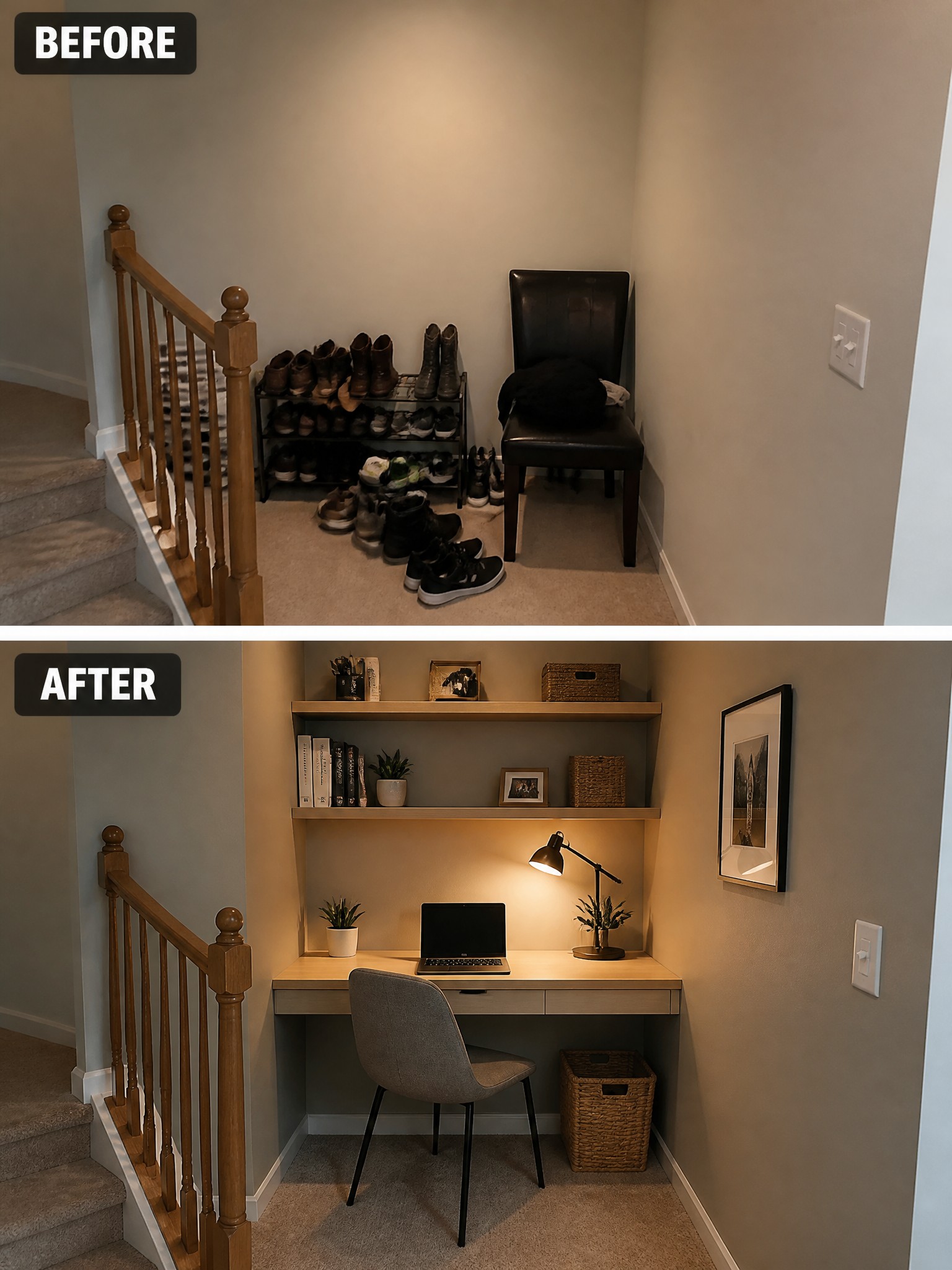 Before and after transformation of a corner: cluttered shoes replaced with a stylish desk setup.