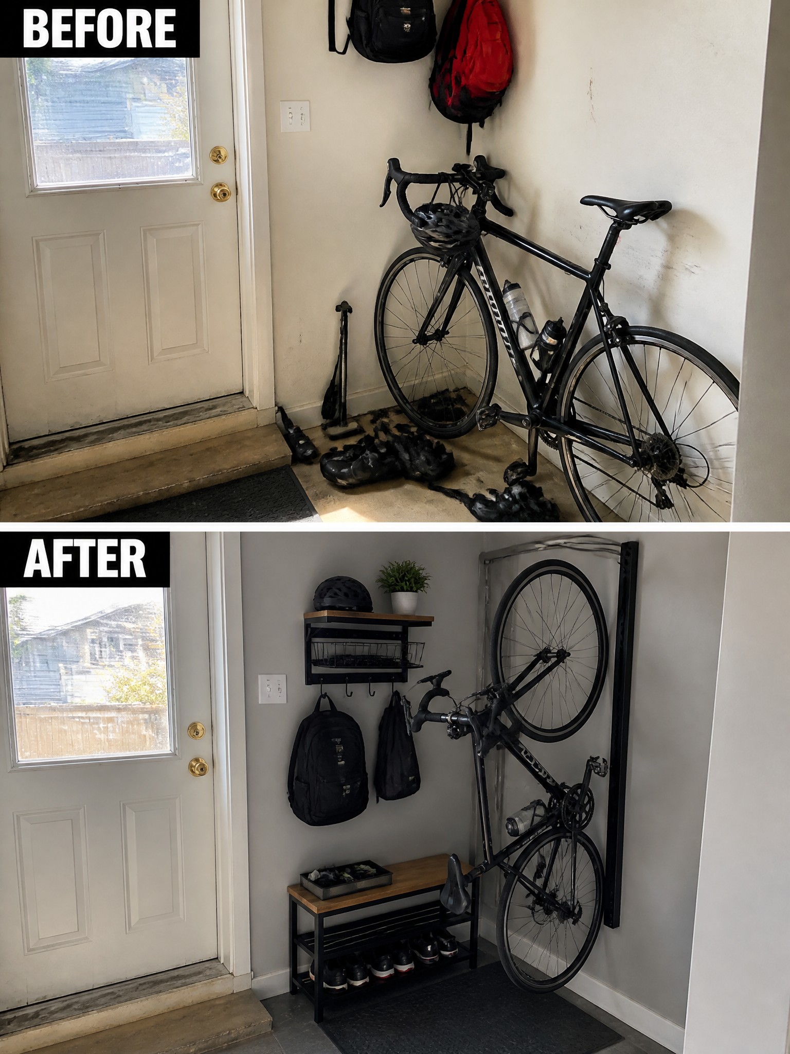 Entrance before and after organization; bike storage, backpacks, shoes, and shelving.
