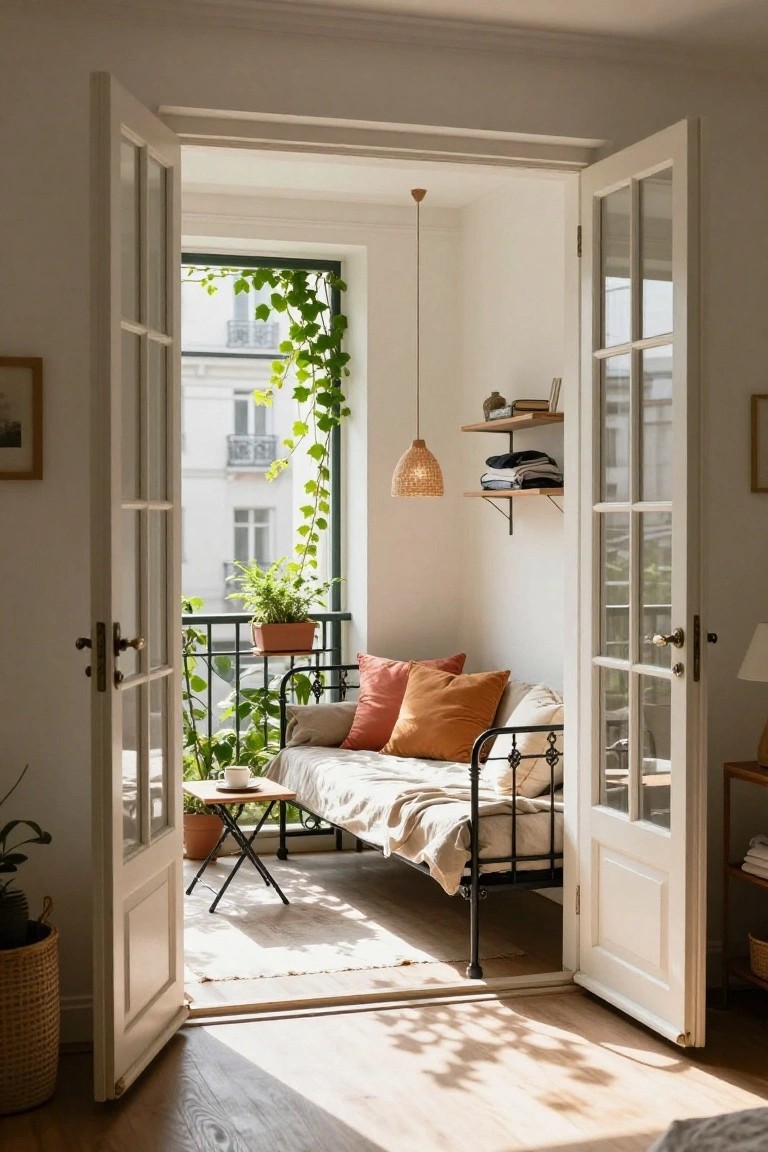 White French doors open from a light room to a small balcony with green plants and ivy on the railing, beside a black metal daybed with orange pillows, plants, shelves with books and clothes, and a rattan pendant light.