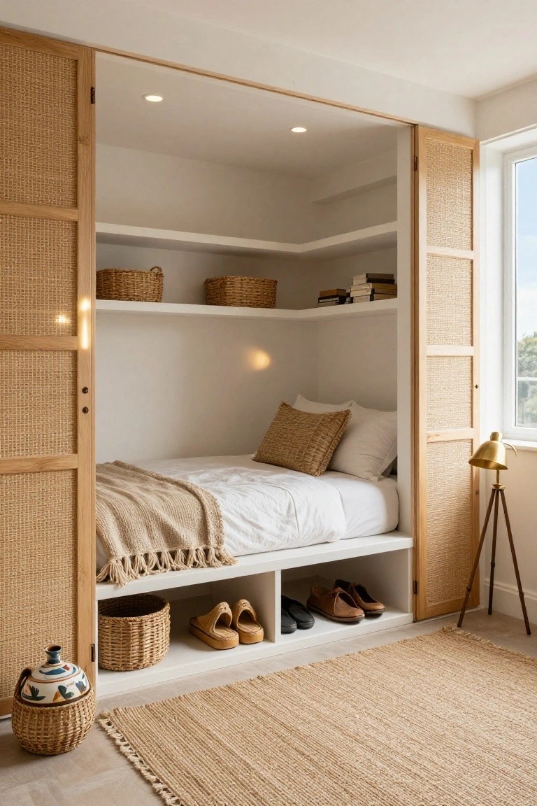 Open rattan louvered doors framing a built-in bedroom alcove with a low platform bed, beige pillows and throw, shelves holding woven baskets and books, shoes stored underneath, a tripod lamp, and seagrass rug on light wood floor.