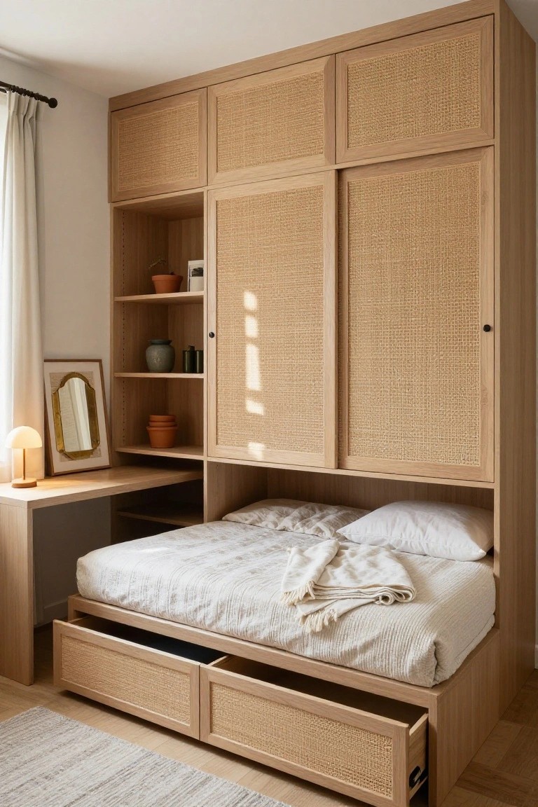 Tall oak built-in cabinet in a bedroom with cane panel sliding doors, open shelves holding pottery and books, a desk shelf, and a bed platform with drawers underneath on a light wood floor.