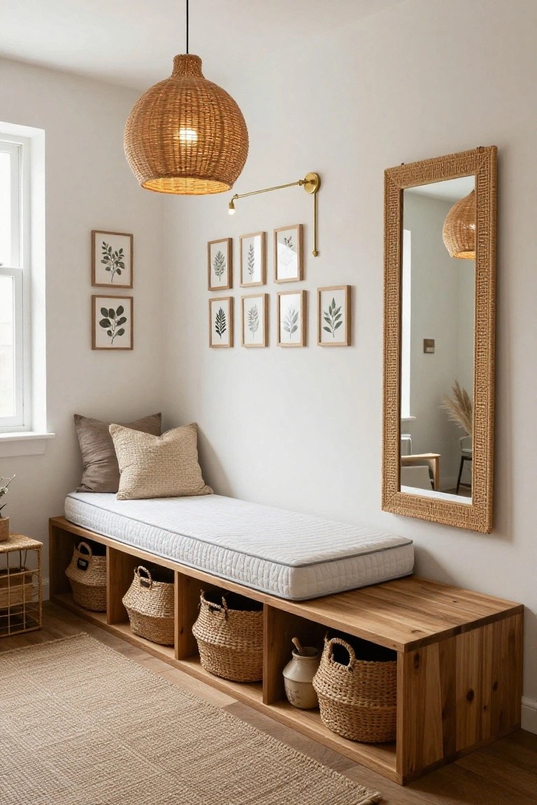 Wooden bench along a white wall with open storage cubbies containing woven baskets, topped by a white mattress and beige pillows, next to a tall rattan-framed mirror and framed botanical prints.