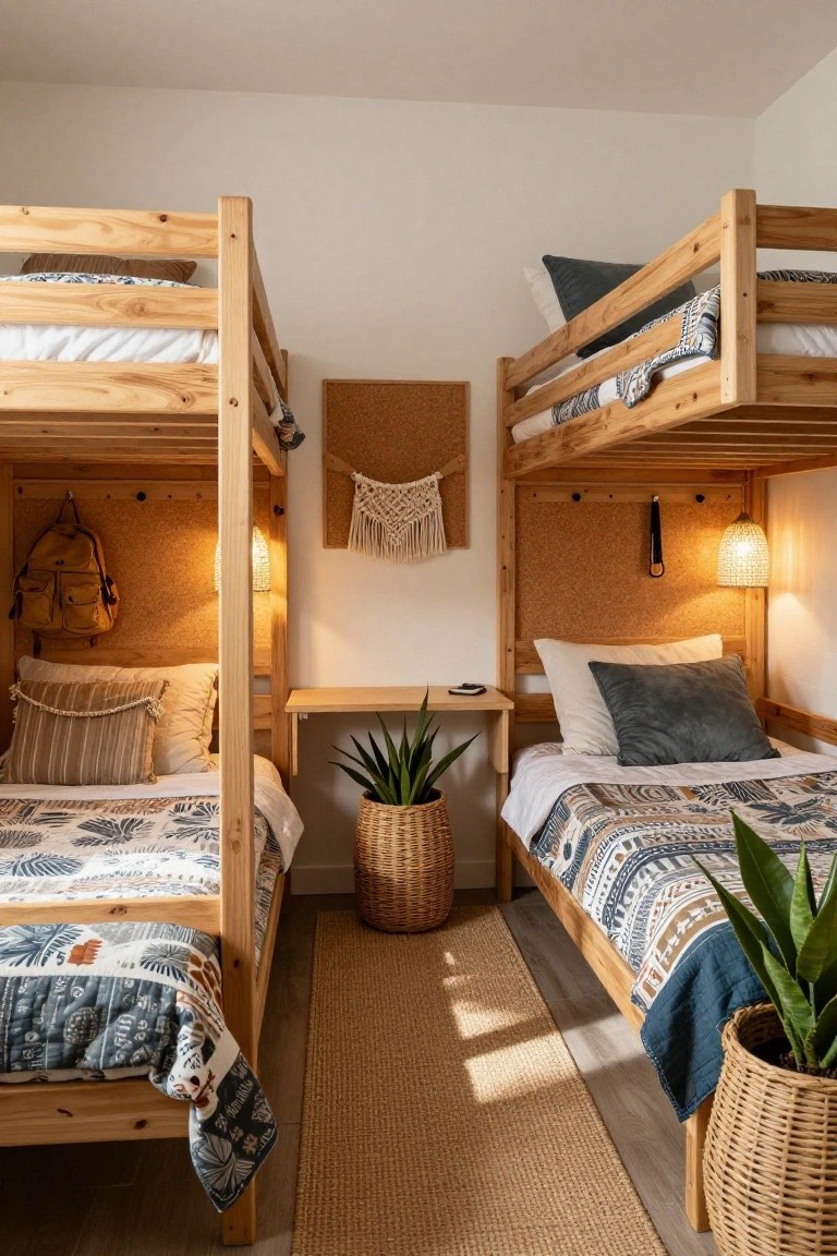 Small bedroom with two facing wooden bunk beds, each featuring a desk shelf below the upper bunk, corkboard headboards, pendant lamps, potted plants, and patterned bedding on white walls.