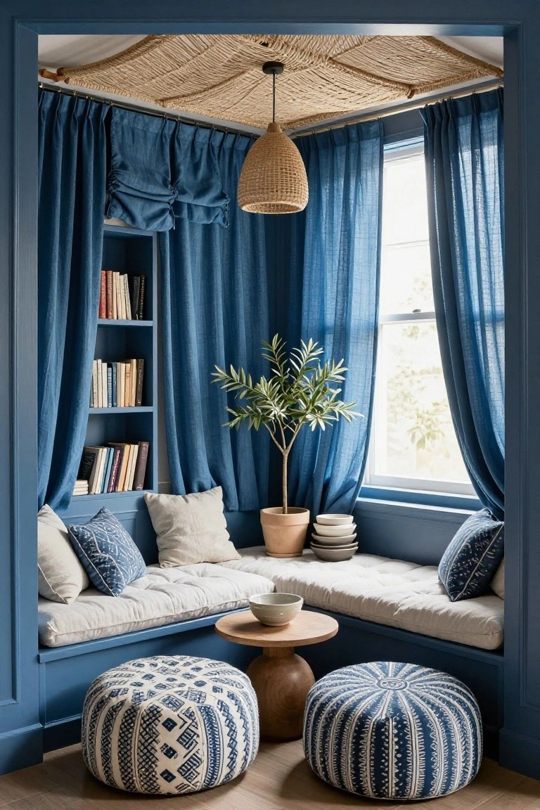 Blue-painted alcove with built-in white bench seat, open bookshelves, olive tree in terracotta pot, low wooden table with bowls, two patterned poufs, rattan ceiling overhead, pendant light, and sheer blue curtains on window.