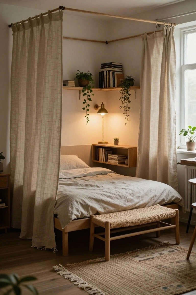 Corner bedroom with wooden bed frame enclosed by beige linen curtains on wooden poles, floating wooden shelves holding books and potted plants, a brass lamp with ivy, side table, bench, and rug on wood floor.