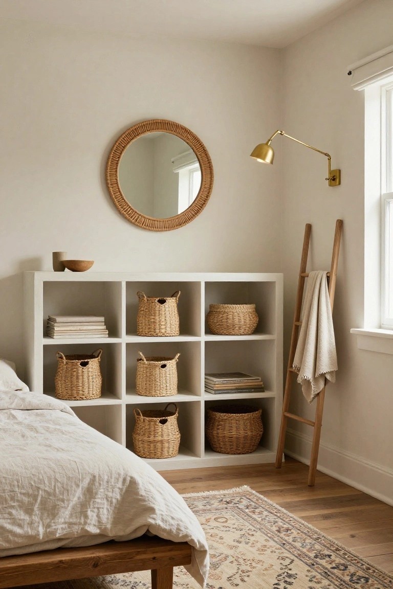 Corner view of a light beige bedroom with white cube shelving filled with tan woven baskets, low wooden platform bed with white linen bedding, wooden ladder draped with a beige towel, rattan mirror on wall, and beige Persian-style rug on wood floor.
