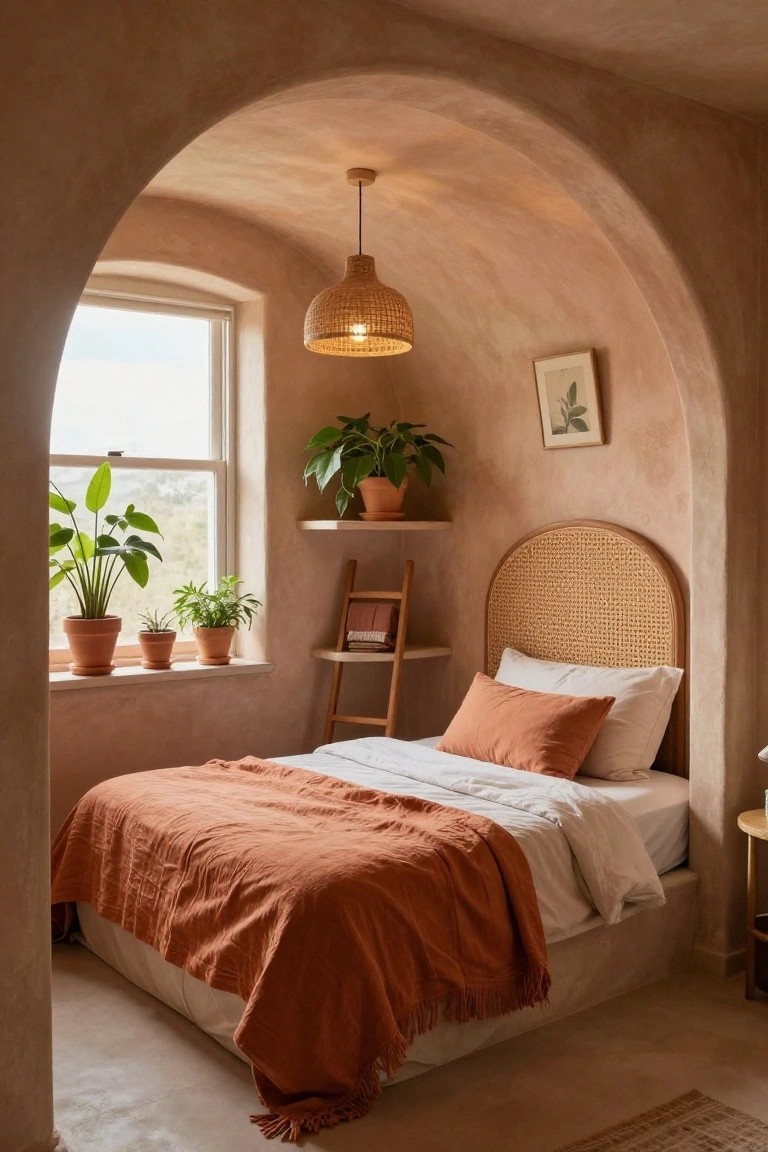 Small bedroom with curved beige plaster walls and archway, rattan headboard bed draped in orange blanket, potted plants on window shelf, woven pendant light, and ladder shelf.