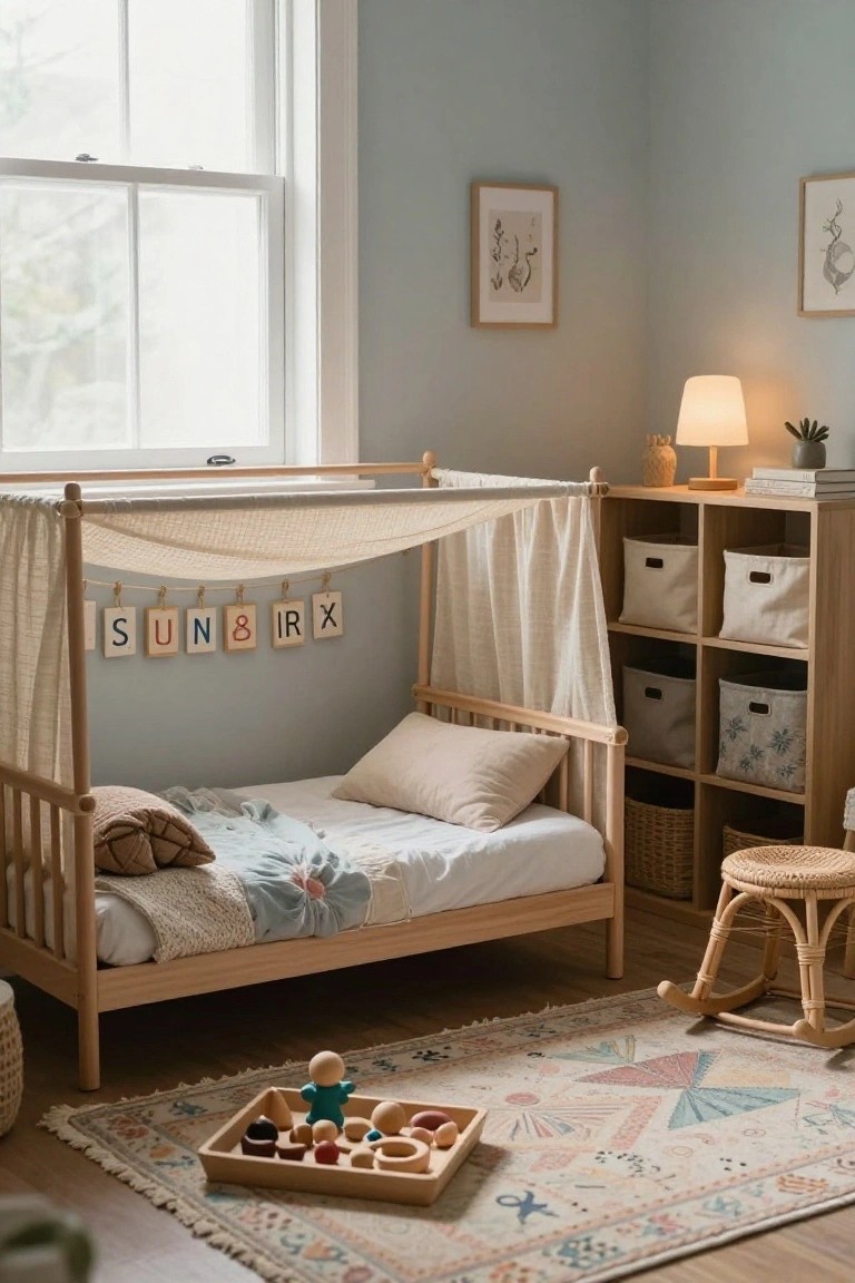 Small child's bedroom with low wooden toddler bed under draped white fabric canopy and hanging wooden letters, wooden cubby shelves with bins, potted plants, lamp, and wooden toys on patterned rug.
