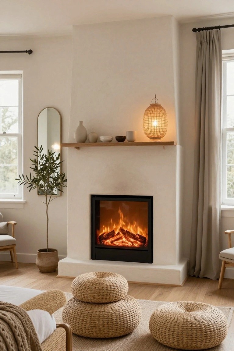 Bedroom corner with square black-framed electric fireplace showing orange flames built into white plaster wall, olive tree in terracotta pot, wooden shelf holding white ceramics and rattan lantern, three woven poufs on wood floor, two light wood armchairs, and partial rattan bed frame.