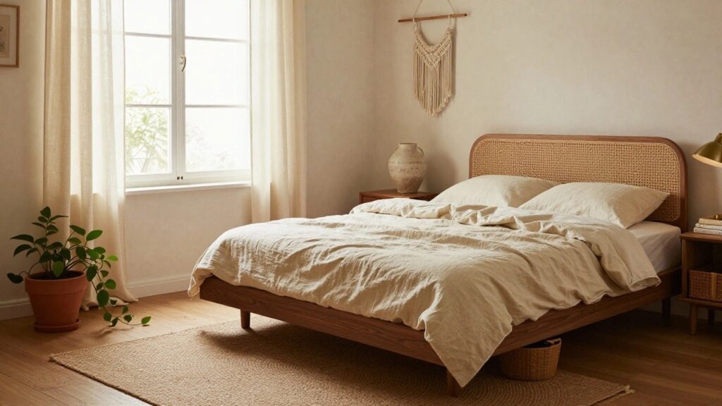 Bedroom corner with rattan headboard bed draped in white linen bedding, macrame wall hanging, brass wall lamp and shelf, bedside lamp, sheer curtains at window with potted plant on sill, and seagrass rug on wood floor.