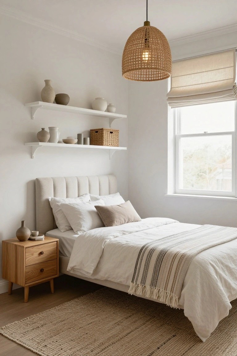 Small bedroom with white walls, floating white shelves displaying ceramic vases bowls and a basket, tufted beige upholstered headboard on a bed with white linens and gray striped throw, wooden nightstand, rattan pendant light, seagrass rug, and window with beige roman shade.
