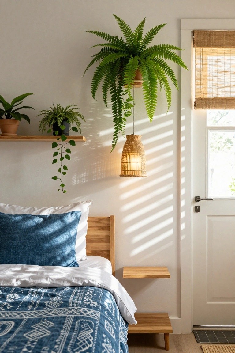 A small bedroom with a low wooden platform bed draped in blue patterned bedding and white pillows, a large hanging fern in a terracotta pot near a white door, floating wooden shelves holding potted plants with trailing vines, a rattan pendant lamp, and bamboo blinds on a window.