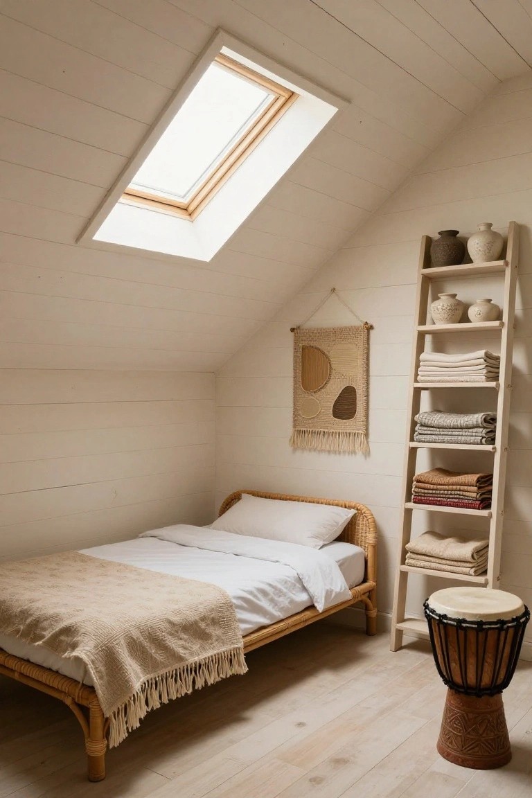 Small attic bedroom with white shiplap walls and sloped ceiling featuring a skylight, rattan daybed with white bedding and beige throw, tall ladder shelf holding folded textiles and ceramic vases, woven wall tapestry, and djembe drum stool on light wood floors.