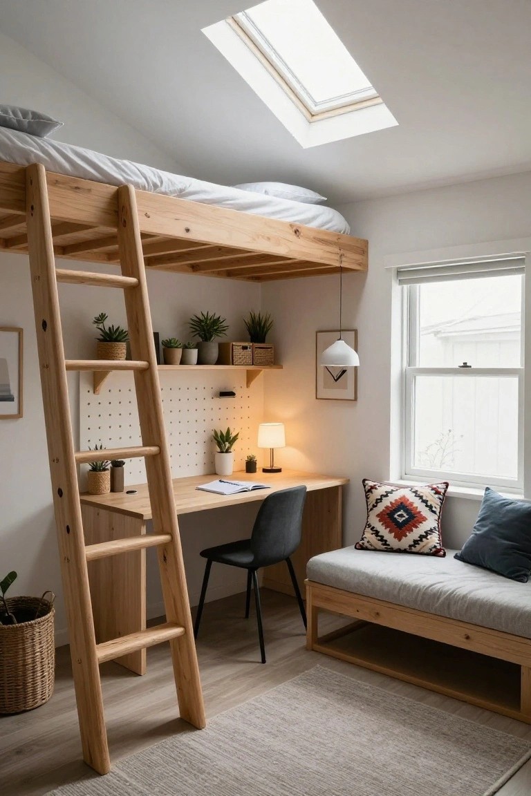 A small bedroom with a wooden loft bed above an integrated desk, ladder with potted plants and shelves, desk chair, lamp, and a low wooden daybed by the window.