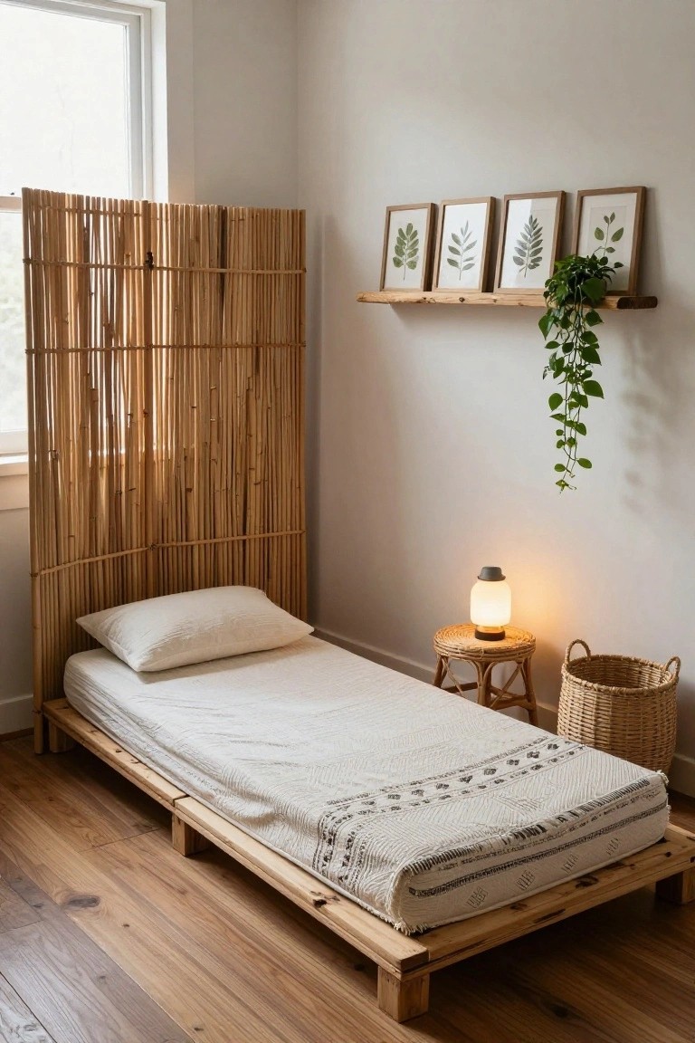 A cozy bedroom corner with a low wooden platform bed draped in white textured bedding, a tall bamboo screen behind the headboard, botanical prints on a wood shelf above a trailing plant, a rattan side table holding a lit lamp, and a woven basket on light wood floors.