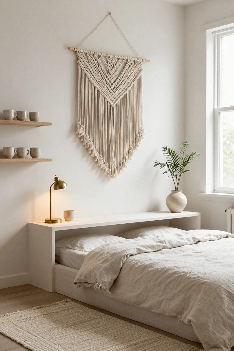 Cozy bedroom corner featuring a large cream macrame wall hanging above a low white platform bed with white linens, gold desk lamp and mug on white nightstand, floating oak shelves holding ceramic mugs, potted palm plant in ceramic vase, beige rug on wood floor, and window with blinds.