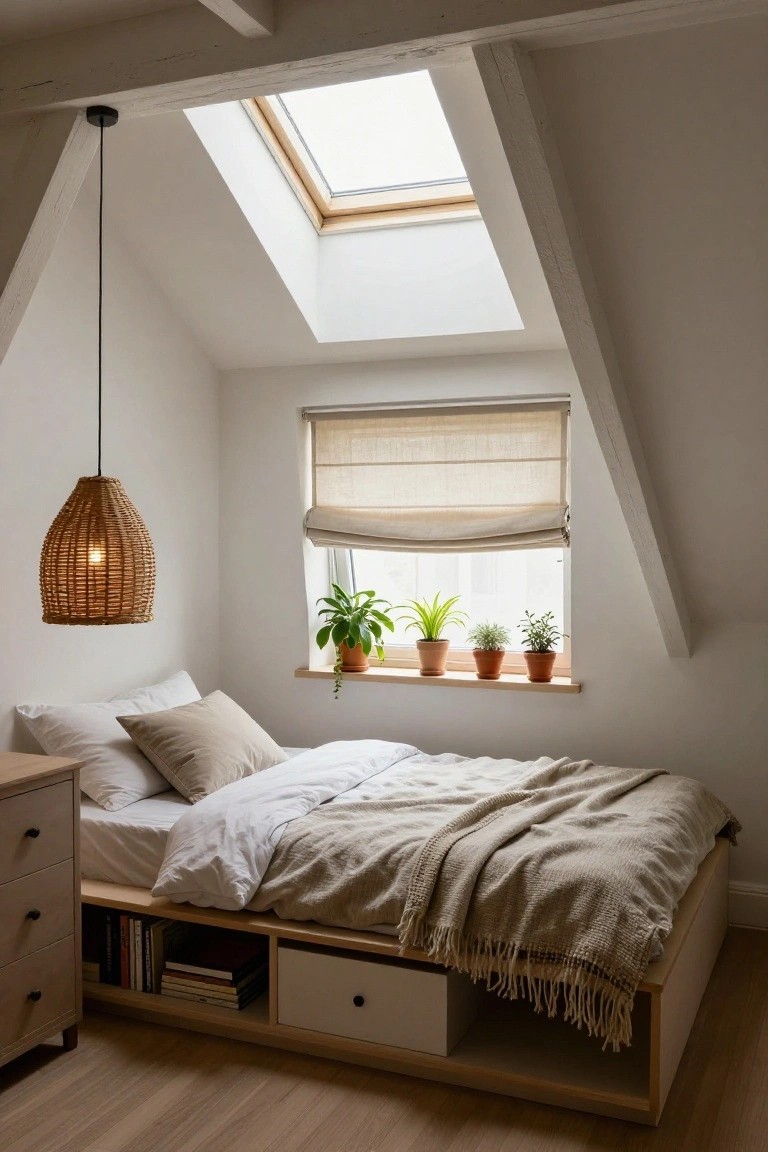 Small attic bedroom with sloped white ceilings, skylight, rattan pendant lamp, low platform bed with underbed drawers and shelves, potted plants on windowsill, and beige linens.
