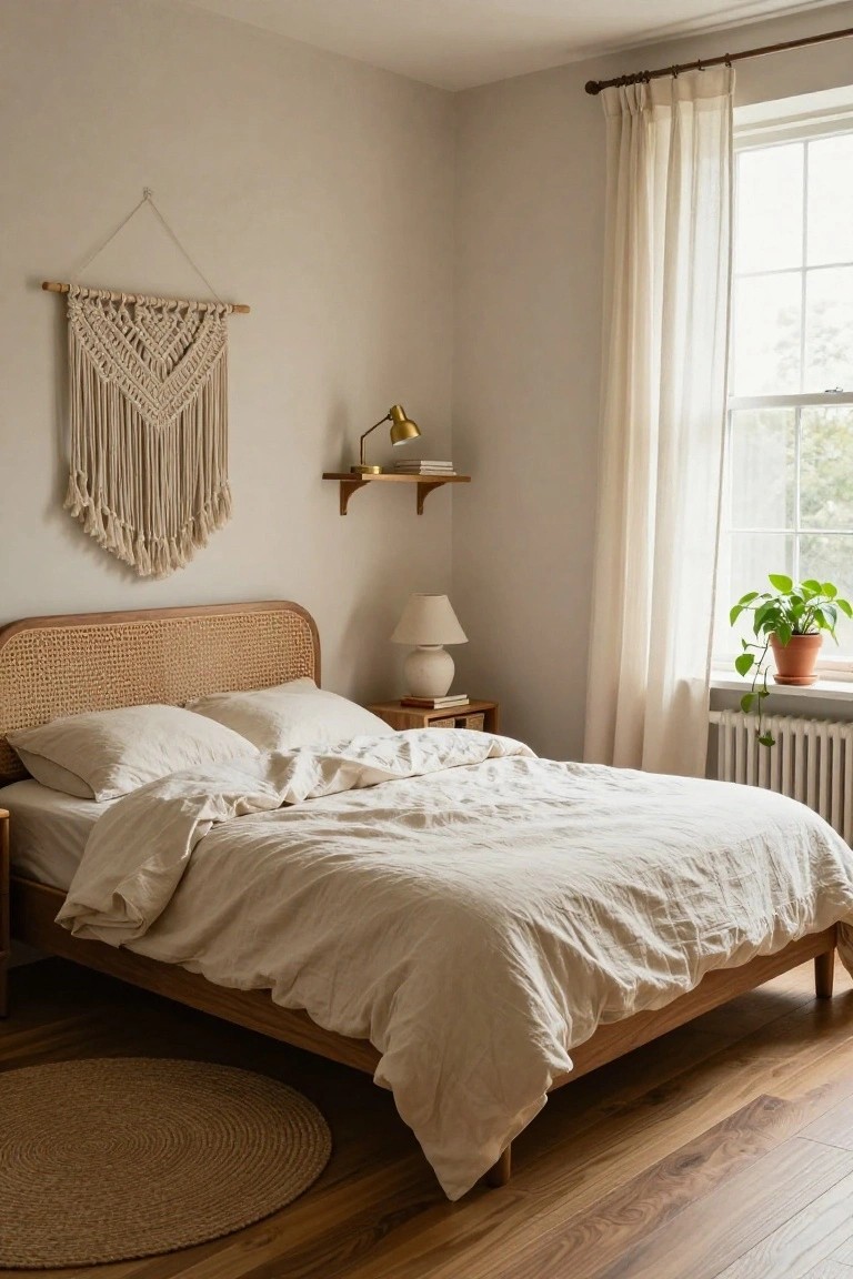 Bedroom corner with rattan headboard bed draped in white linen bedding, macrame wall hanging, brass wall lamp and shelf, bedside lamp, sheer curtains at window with potted plant on sill, and seagrass rug on wood floor.