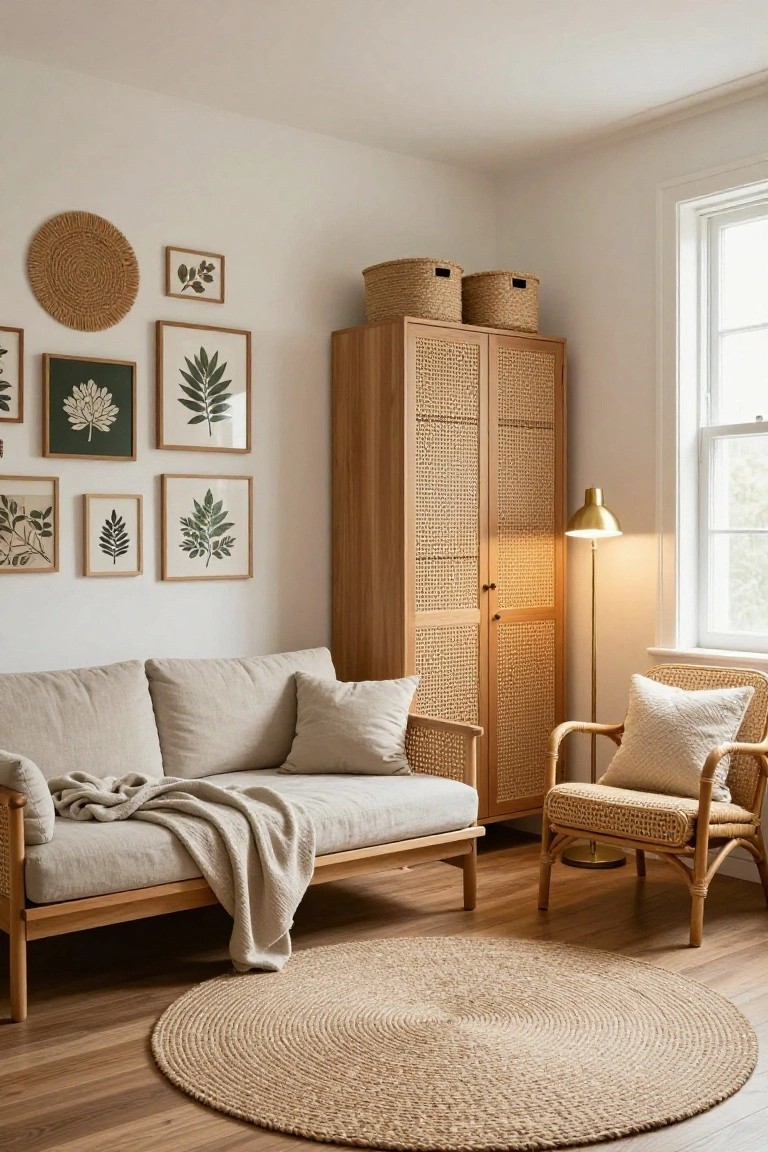 Corner of a light room with tall wooden wardrobe having rattan doors, two seagrass baskets on top, beige linen sofa with throw blanket, rattan armchair with cushion, multiple framed botanical leaf prints on white wall, brass floor lamp, seagrass rug, and wood plank floor.