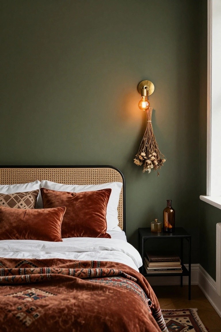 Small bedroom with sage green walls, black metal bed frame with rattan headboard, white bedding topped with rust velvet pillows, black metal nightstand holding books glass bottles and candles, dried flower bundle hanging near brass wall sconce with lit bulb, patterned rug on wood floor.
