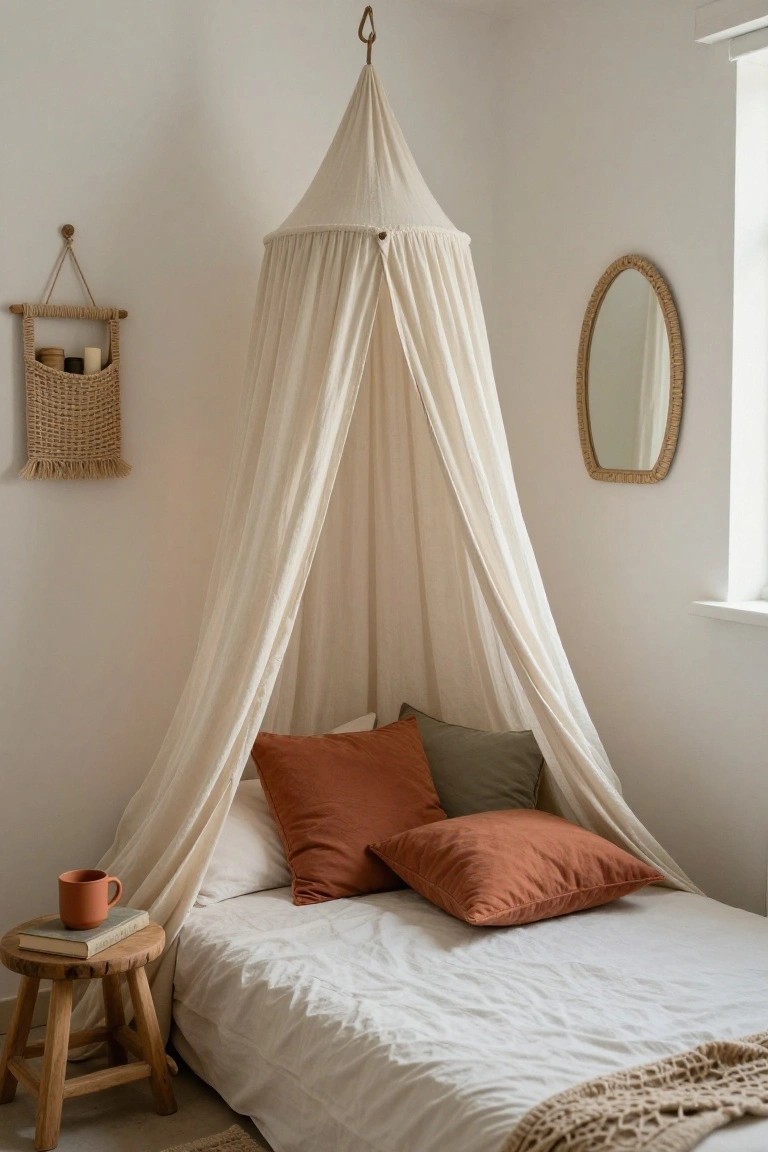 Small bedroom corner featuring a low white bed with rumpled white sheets and pillows in rust, green, and cream under an ivory sheer canopy, wooden stool with orange mug and open book beside it, rattan basket wall hanging, woven mirror, and neutral walls.