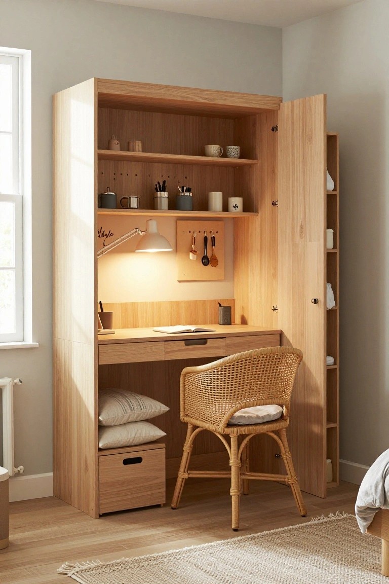 Tall open wooden wardrobe with integrated desk, rattan chair, storage shelves holding pottery and mugs, desk lamp, and notepad in a light gray bedroom corner with hardwood floor.