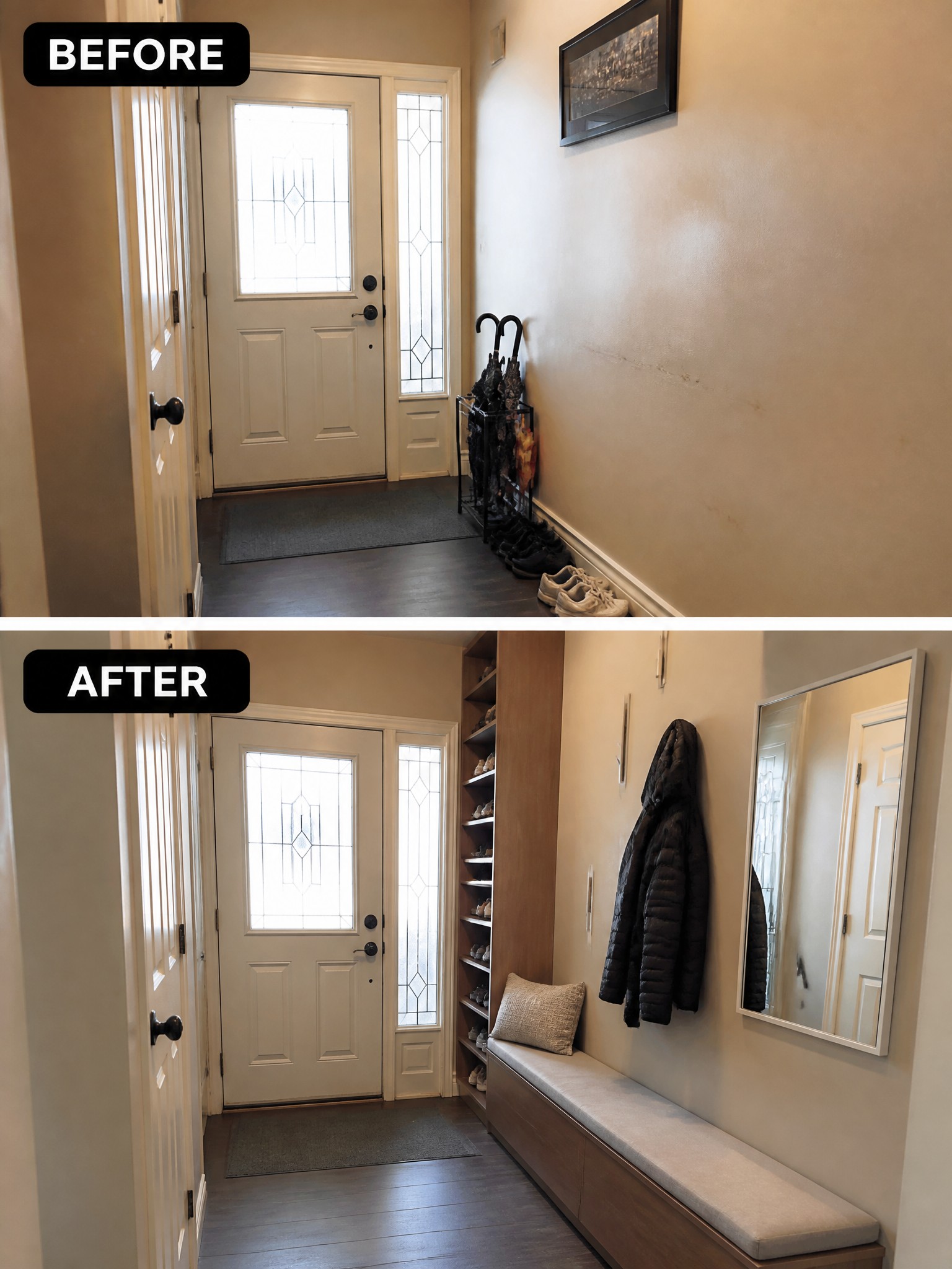 Before and after entryway transformation featuring a bench, shoe storage, and coat hooks.