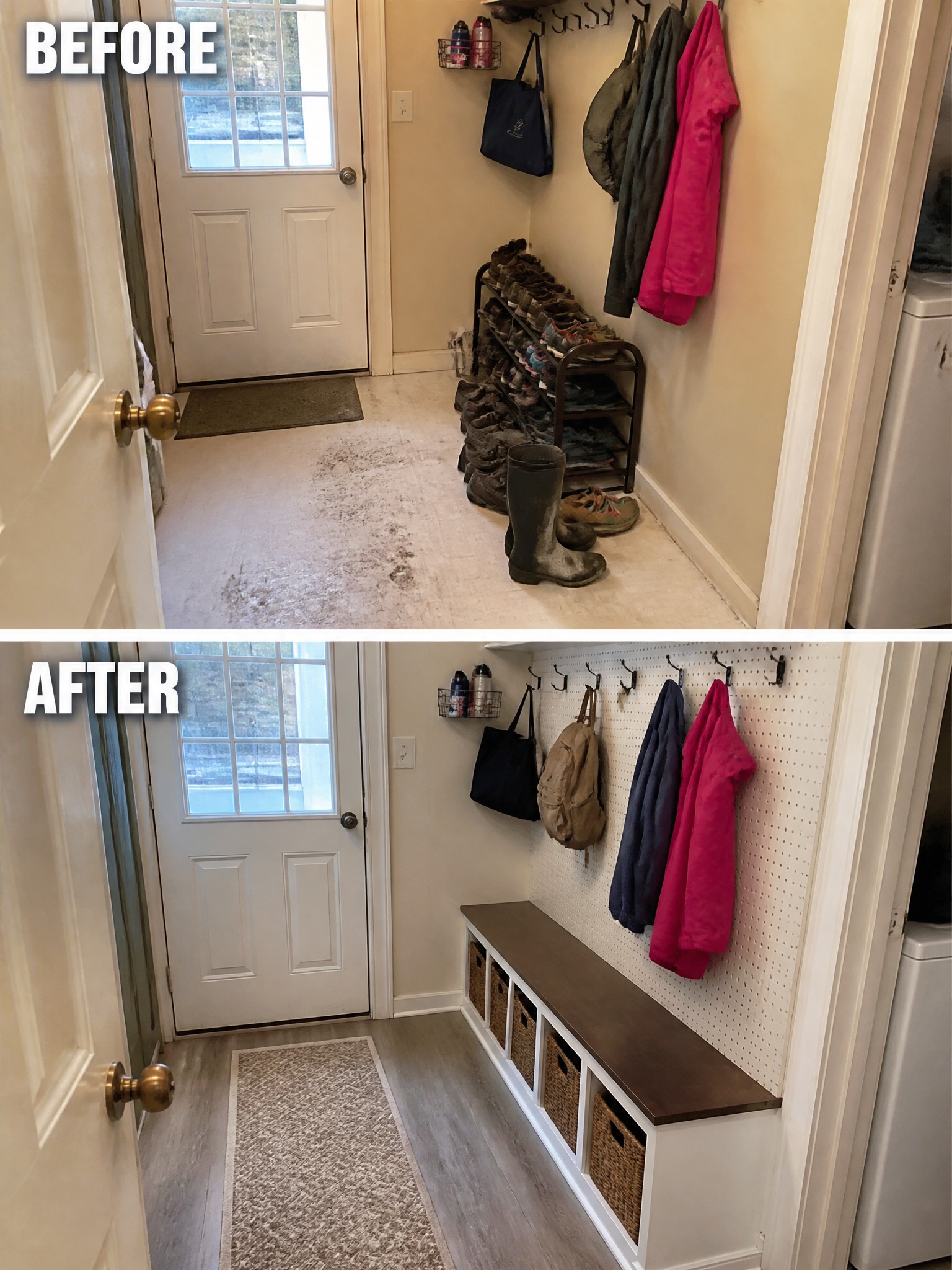 Before-and-after image of a cluttered narrow entryway updated with a storage bench, pegboard wall, and organized hanging space.