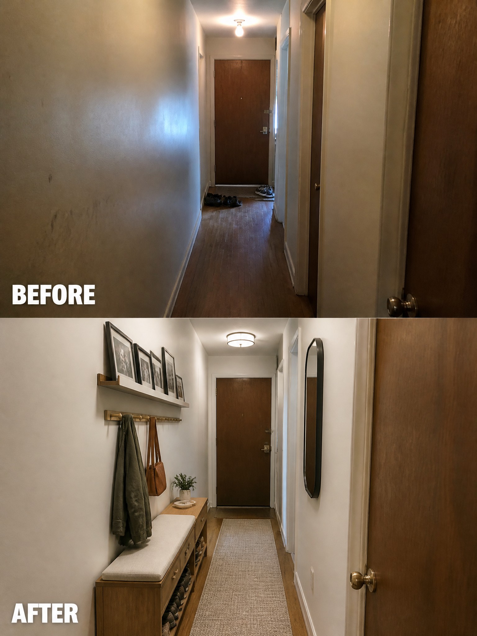 Renovated hallway with modern decor, wooden bench, coat rack, and framed photos.