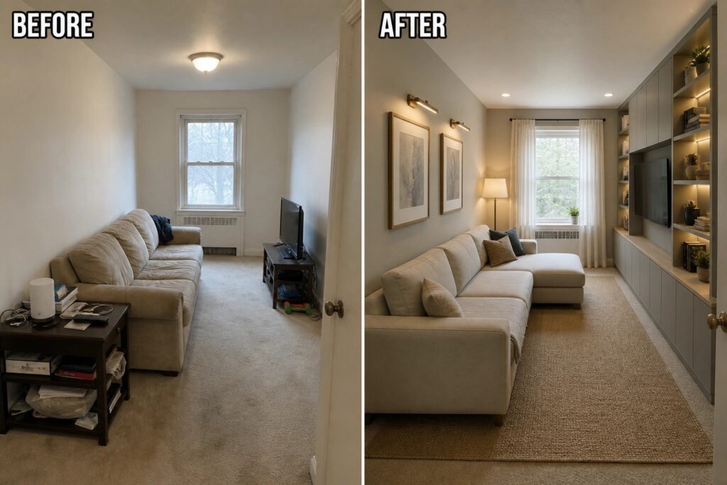 Before-and-after image of a plain living room transformed by adding built-in shelving and cabinetry along one wall with a sectional sofa, curtains, and layered lighting.