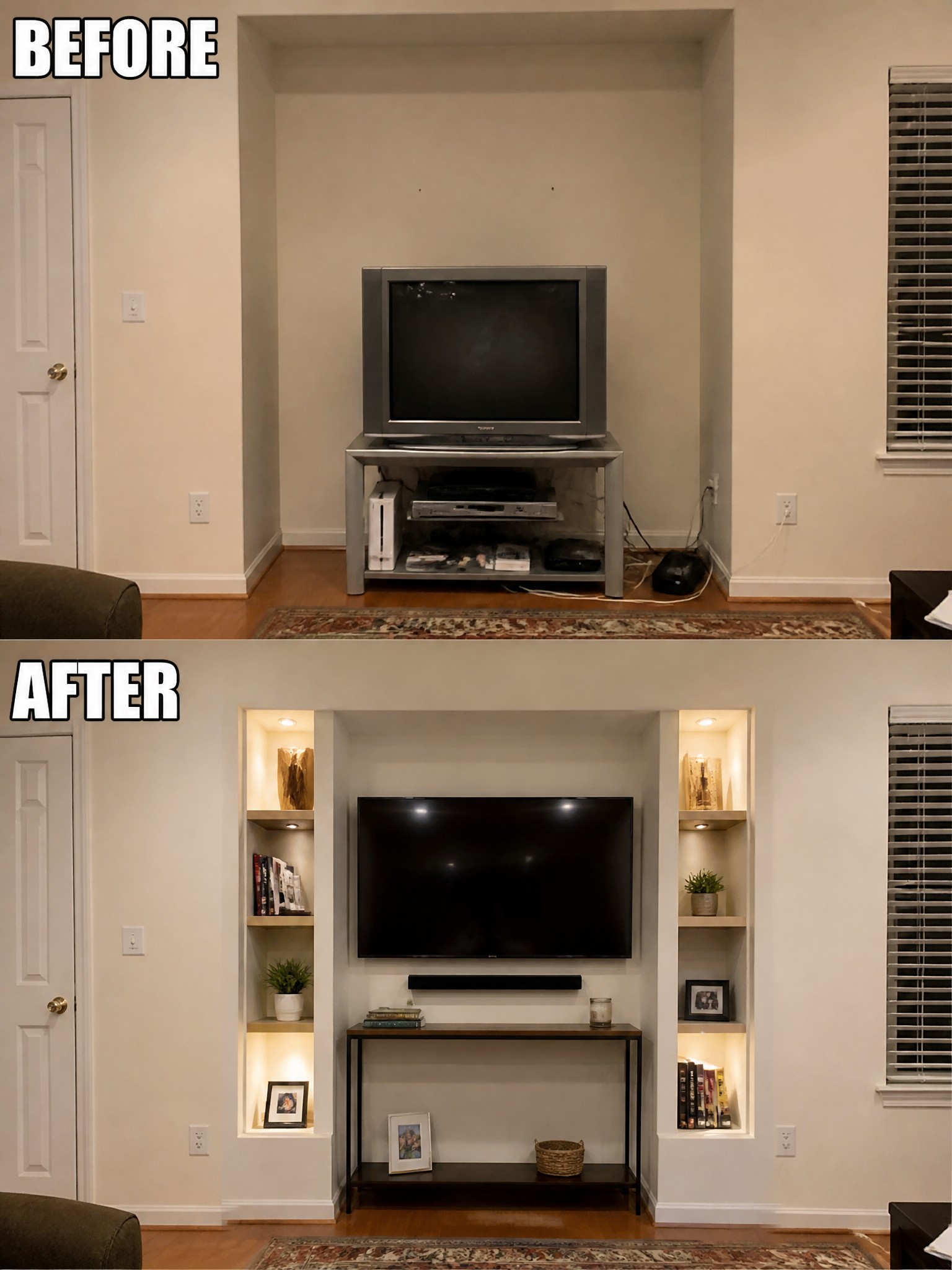 Before-and-after image of a recessed TV area updated with built-in lighted shelves on both sides and a low console table.